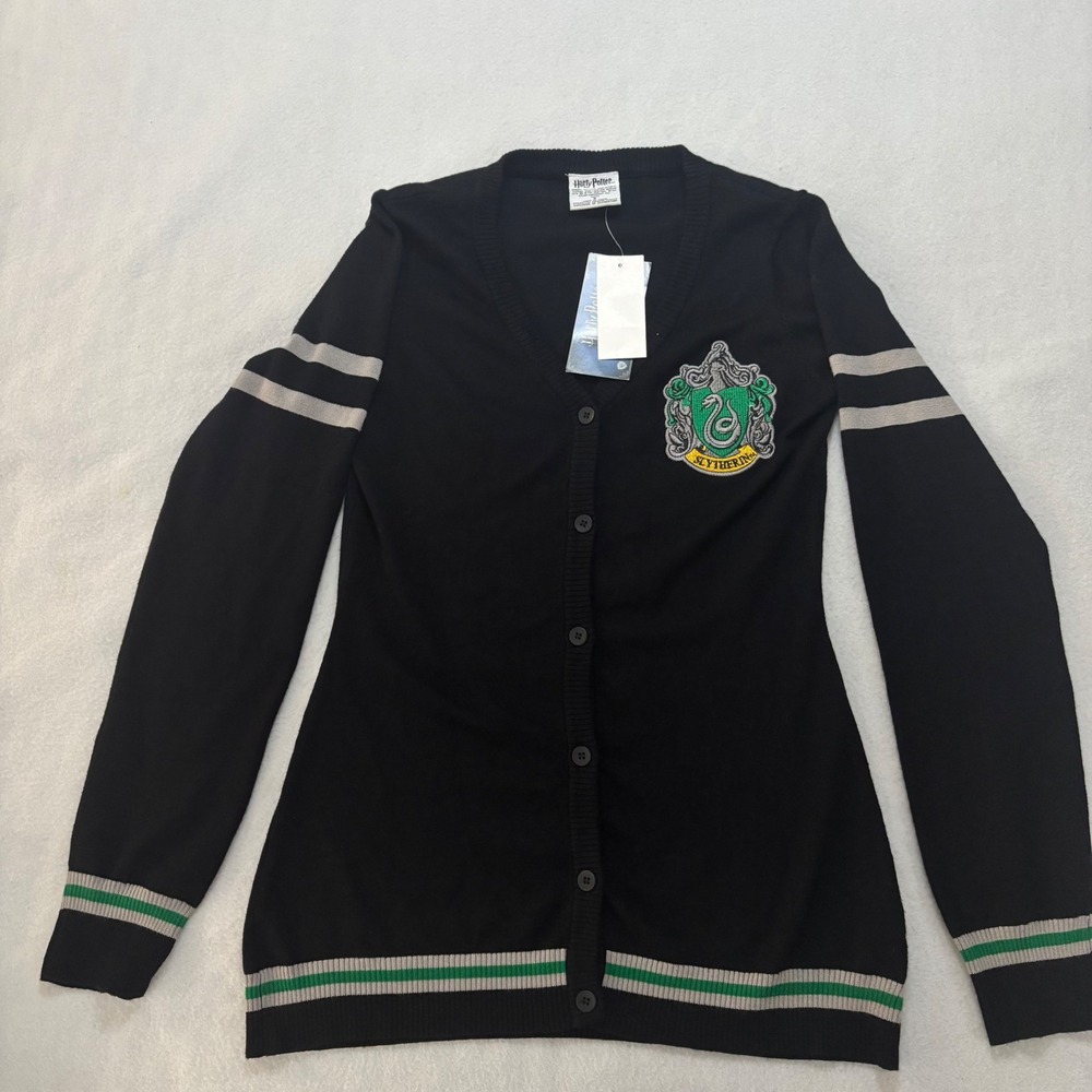 Harry Potter Slytherin Cardigan Sweater Black Green Grey Striped Women Small NWT